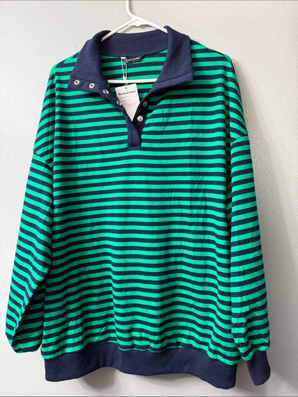 Pretty Garden Striped Green & Navy Polo Pullover large NWT - Picture 2 of 6